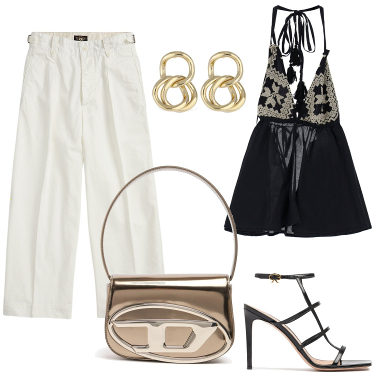 Outfit donna - Total look #2204048. Stile Casual chic per Serata fuori. Abbinamento con top, pantaloni, orecchini, borse a spalla, sandali in pelle.