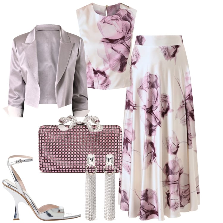 Outfit donna - Cerimonia. Stile Chic per Cerimonia. Abbinamento con gonne lunghe, blazer, top, décolleté, pochette, orecchini.