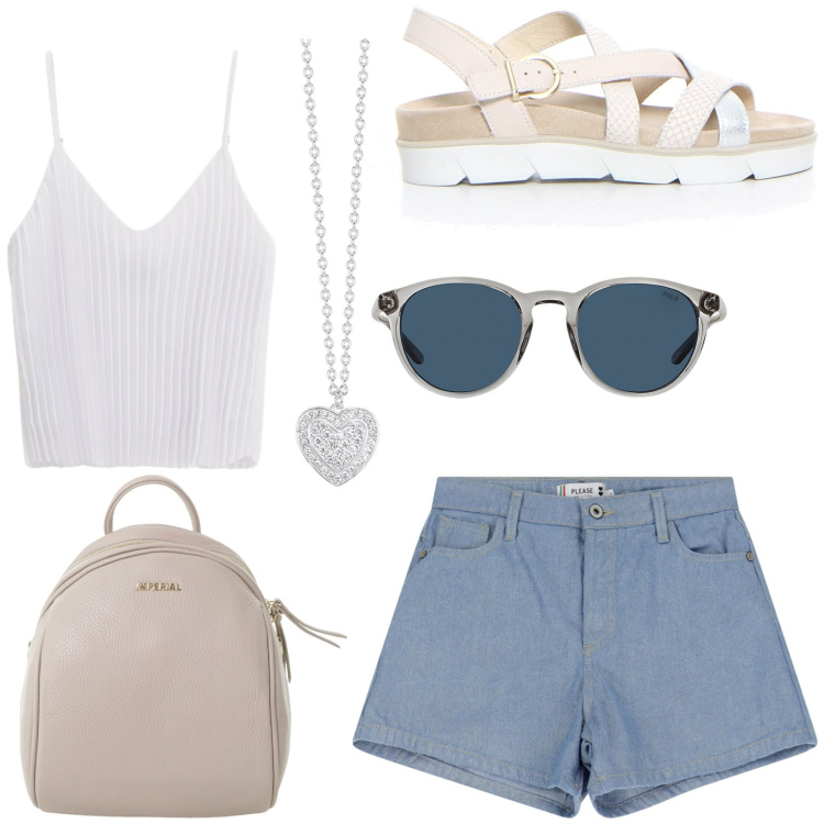 Outfit donna - Young. Stile Casual per Tutti i giorni. Abbinamento con collane, shorts, top, zaini, occhiali da sole, sandali.