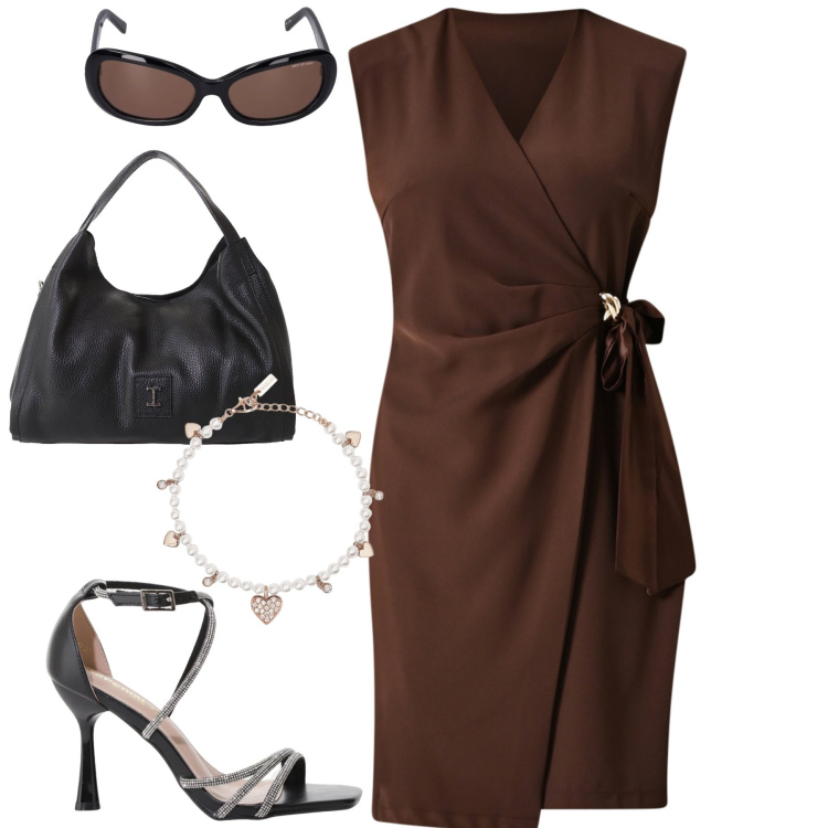 Outfit donna - Da mattina a sera. Stile Chic per Tutti i giorni. Abbinamento con braccialetti, vestiti a tubino, sandali col tacco, pochette, occhiali da sole.