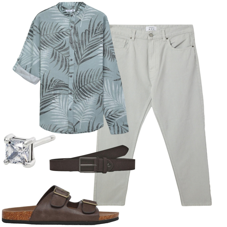 Outfit uomo - Serata informalle. Stile Casual per Serata speciale. Abbinamento con pantaloni, camicie, cinture, sandali, orecchini.