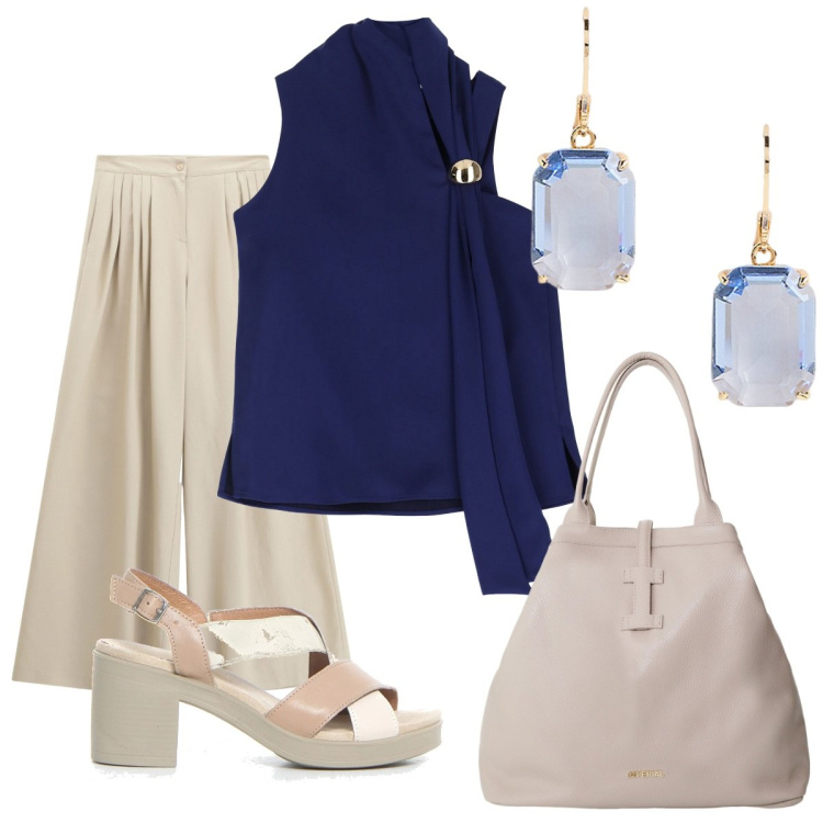 Outfit donna - Blu & sabbia. Stile Casual chic per Tutti i giorni. Abbinamento con pantaloni a palazzo, top, borse tote, orecchini, sandali col tacco.