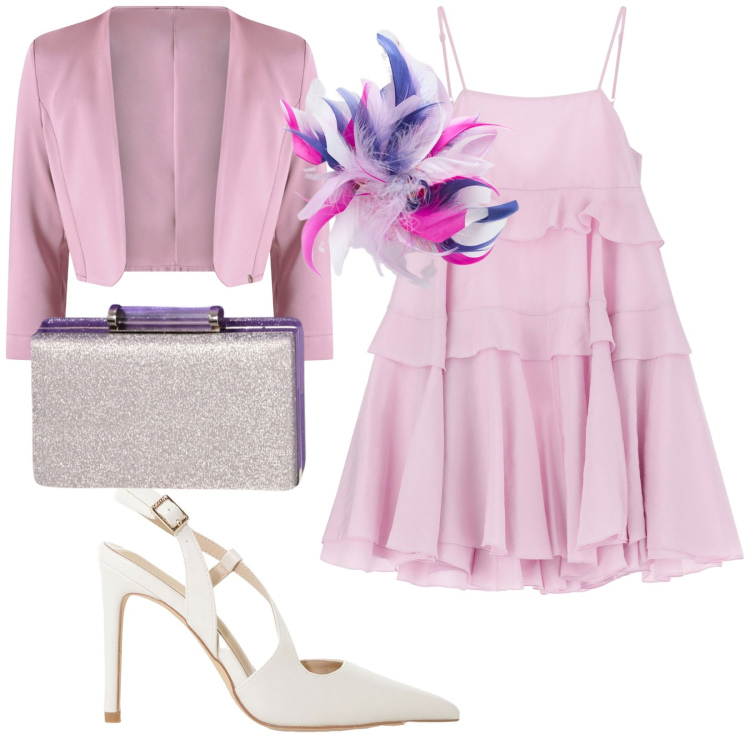 Outfit donna - Total look #2204060. Stile Romantica per Cerimonia. Abbinamento con bolero, pochette, décolleté, vestiti corti, accessori per capelli.
