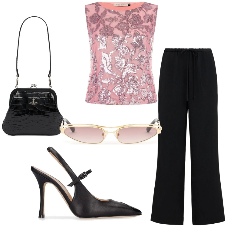 Outfit donna - Total look #2204064. Stile Casual chic per Serata fuori. Abbinamento con top, occhiali da sole, pantaloni, pochette, décolleté.