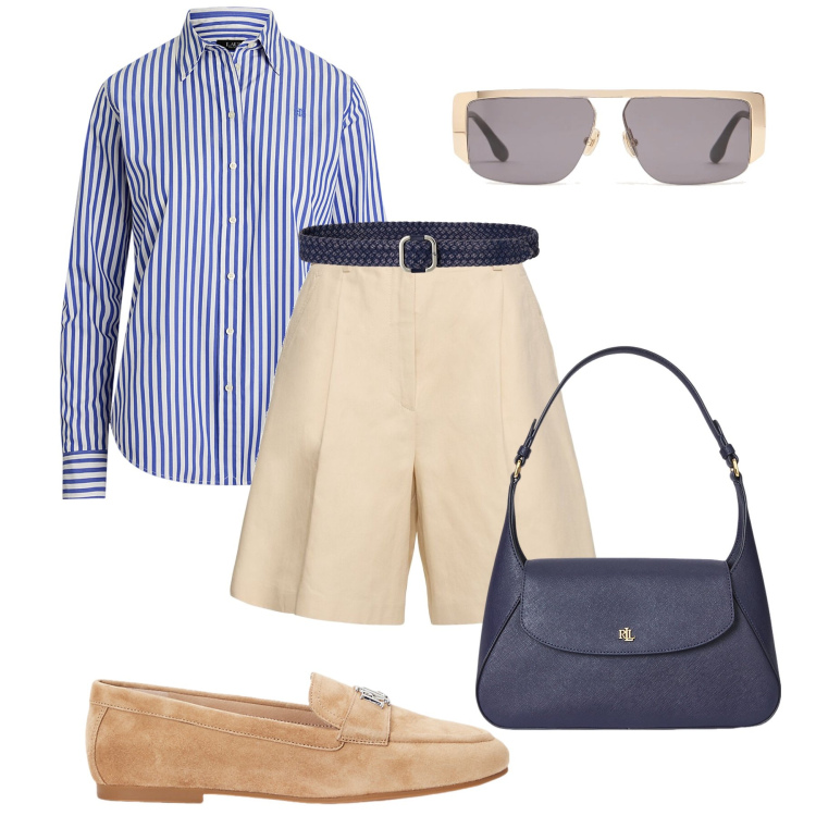 Outfit donna - Blu&sabbia English style-@antonellal. Stile Casual chic per Tutti i giorni. Abbinamento con camicie, mocassini, cinture, borse a spalla, shorts, occhiali da sole.