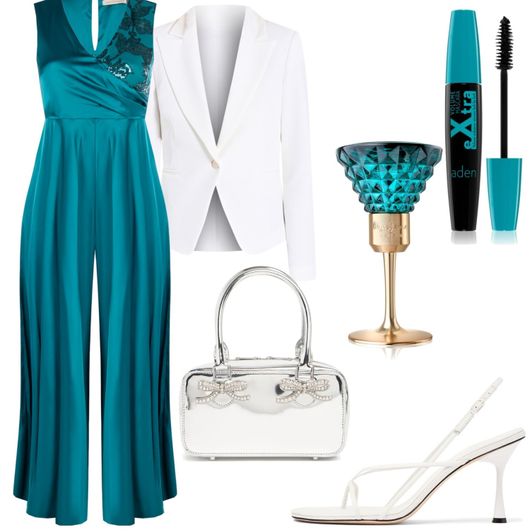 Outfit donna - Verde petrolio. Stile Chic per Cerimonia. Abbinamento con profumi, mascara, blazer, tute, borse a mano, sandali in pelle.
