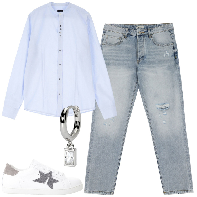 Outfit uomo - Serata. Stile Casual per Serata speciale. Abbinamento con orecchini, camicie, jeans strappati, sneakers.