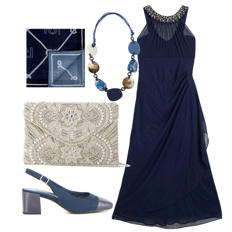 Outfit donna - Outfit monocromatico 3. Stile Chic per Serata fuori. Abbinamento con pochette, vestiti, foulard, collane, décolleté.