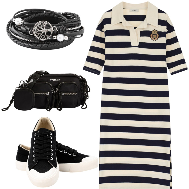 Outfit donna - Total look #2204083. Stile Basic per Tutti i giorni. Abbinamento con braccialetti, vestiti, borse a tracolla, sneakers.