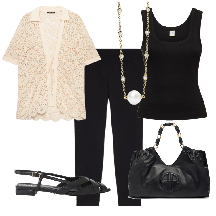 Outfit donna - Fiorella Rubino 6. Stile Bon Ton per Tutti i giorni. Abbinamento con collane, sandali, jeggings, camicie a manica corta, shopping bag, top.