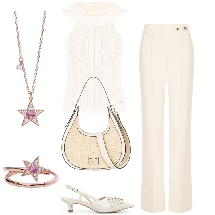 Outfit donna - Total look #2204092. Stile Chic per Tutti i giorni. Abbinamento con borse a mano, pantaloni, top, anelli, collane, décolleté.