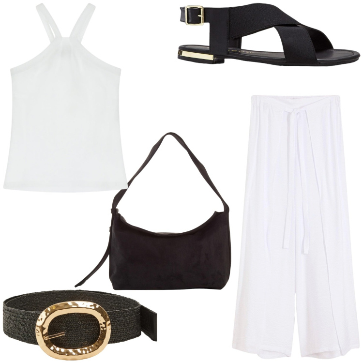 Outfit donna - Look fresco e leggero. Stile Casual per Tutti i giorni. Abbinamento con sandali, borse a mano, pantaloni a palazzo, cinture, top.