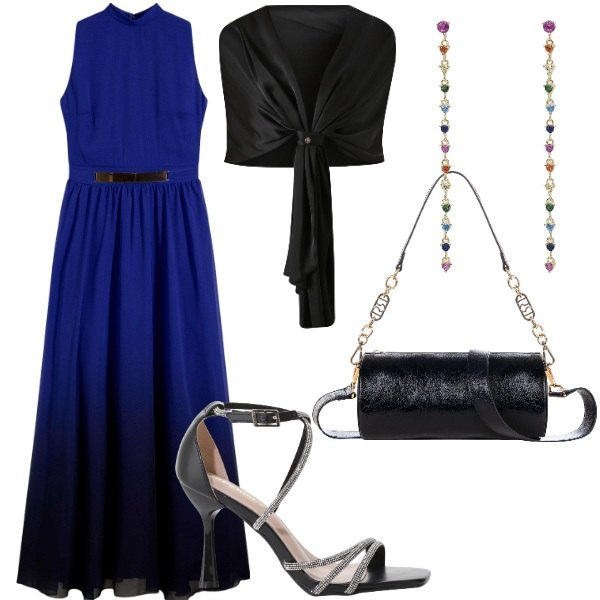 Outfit donna - Matrimonio di sera. Stile Glamour per Cerimonia. Abbinamento con vestiti, orecchini, scialli, borse a mano, sandali col tacco.