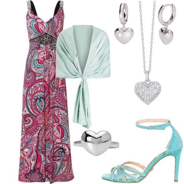Outfit donna - Cerimonia tra intimi. Stile Glamour per Serata fuori. Abbinamento con vestiti lunghi, anelli, collane, orecchini, sandali col tacco, stole.