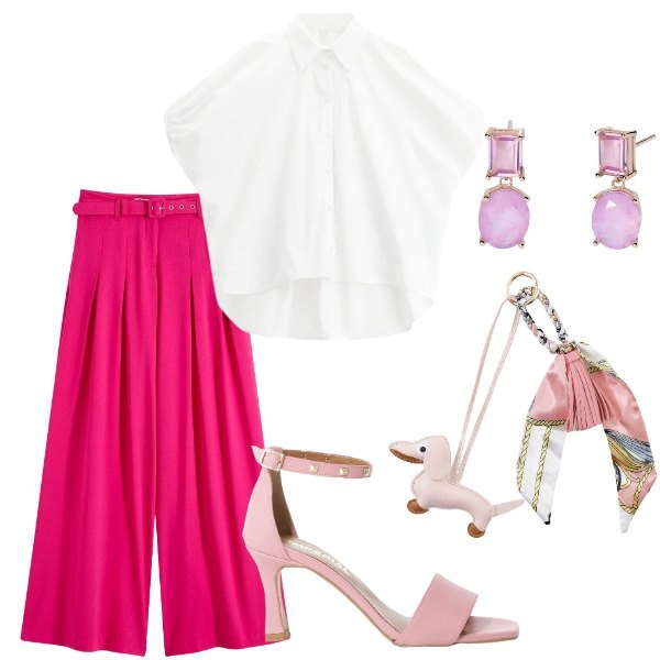 Outfit donna - Compleanno a sopresa. Stile Casual chic per Serata fuori. Abbinamento con pantaloni, orecchini, sandali col tacco, camicie a manica corta, portachiavi.