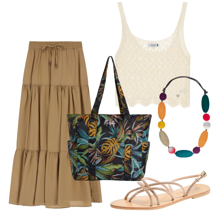 Outfit donna - Pranzo al parco. Stile Trendy per Tutti i giorni. Abbinamento con sandali, top, shopping bag, gonne lunghe, collane.