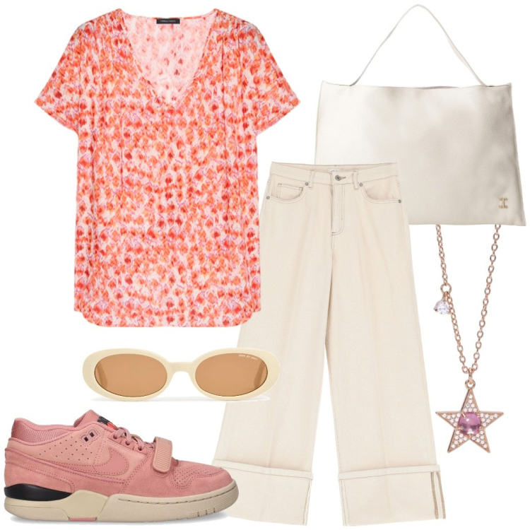 Outfit donna - Total look #2204123. Stile Casual per Tutti i giorni. Abbinamento con collane, borse a spalla, pantaloni, bluse, occhiali da sole, sneakers.