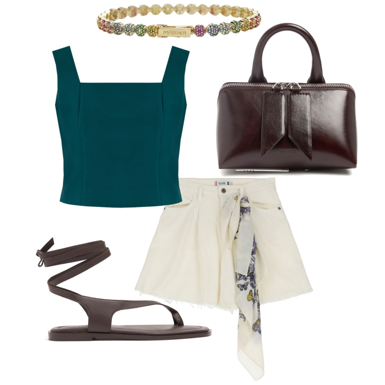 Outfit donna - Buona sera signorina. Stile Trendy per Serata fuori. Abbinamento con braccialetti, top, shorts, sandali in pelle, borse a mano.