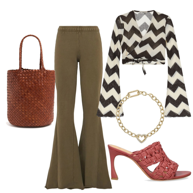 Outfit donna - Vintage se vuoi.... Stile 70s per Serata fuori. Abbinamento con braccialetti, top, pantofole, borse a mano, pantaloni.