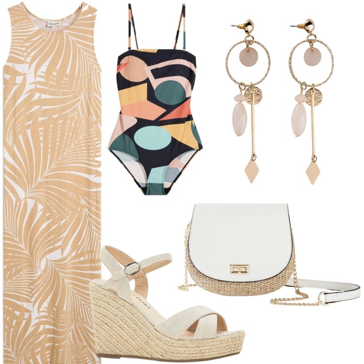 Outfit donna - Costume a sorpresa!. Stile Romantica per Mare. Abbinamento con vestiti, costumi interi, sandali, borse a tracolla, orecchini.