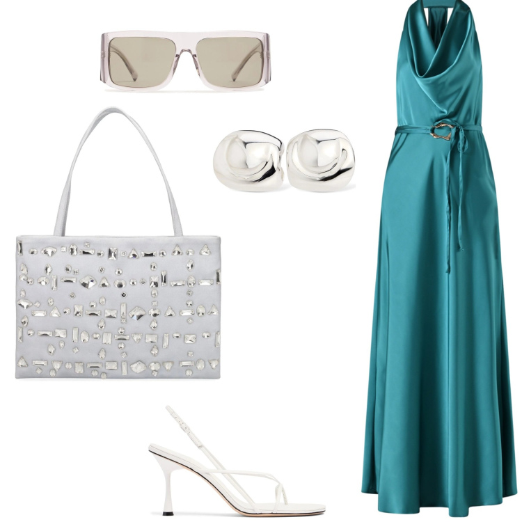 Outfit donna - Cerimonia di pomeriggio. Stile Chic per Cerimonia. Abbinamento con vestiti lunghi, sandali in pelle, borse a spalla, occhiali da sole, orecchini.