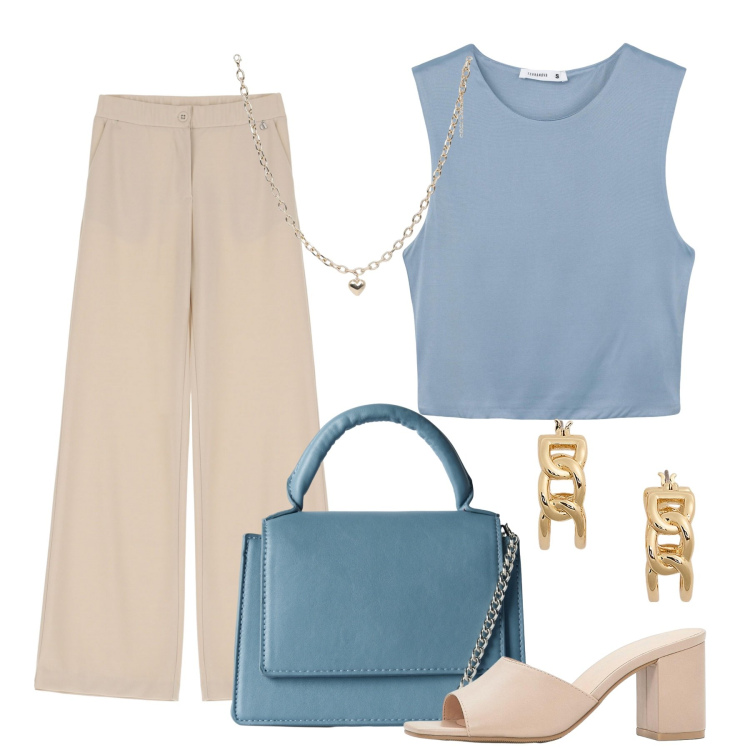 Outfit donna - I colori dell\'estate. Stile Basic per Tutti i giorni. Abbinamento con sandali col tacco, borse a tracolla, top, collane, pantaloni, orecchini.