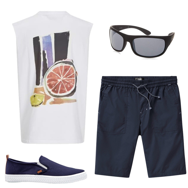 Outfit homme - Dimitri. Style Tendance pour Tous les jours. Assortir avec claquettes, bermuda, t-shirts, lunettes de soleil.