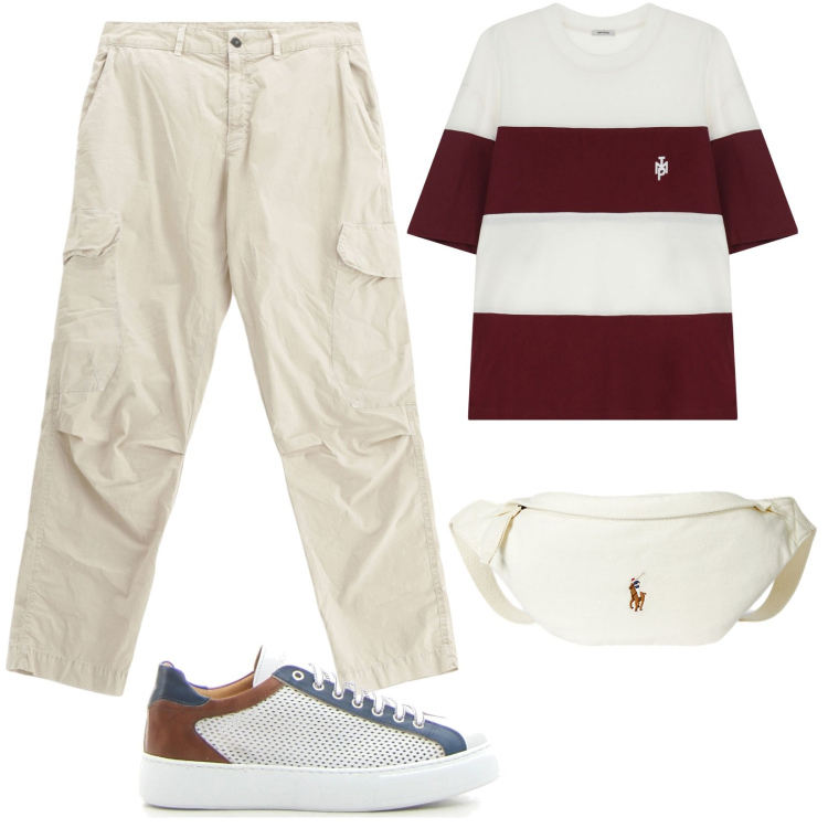 Outfit uomo - Basic in città. Stile Casual per Tutti i giorni. Abbinamento con t-shirt, pantaloni cargo, borse sportive, sneakers.