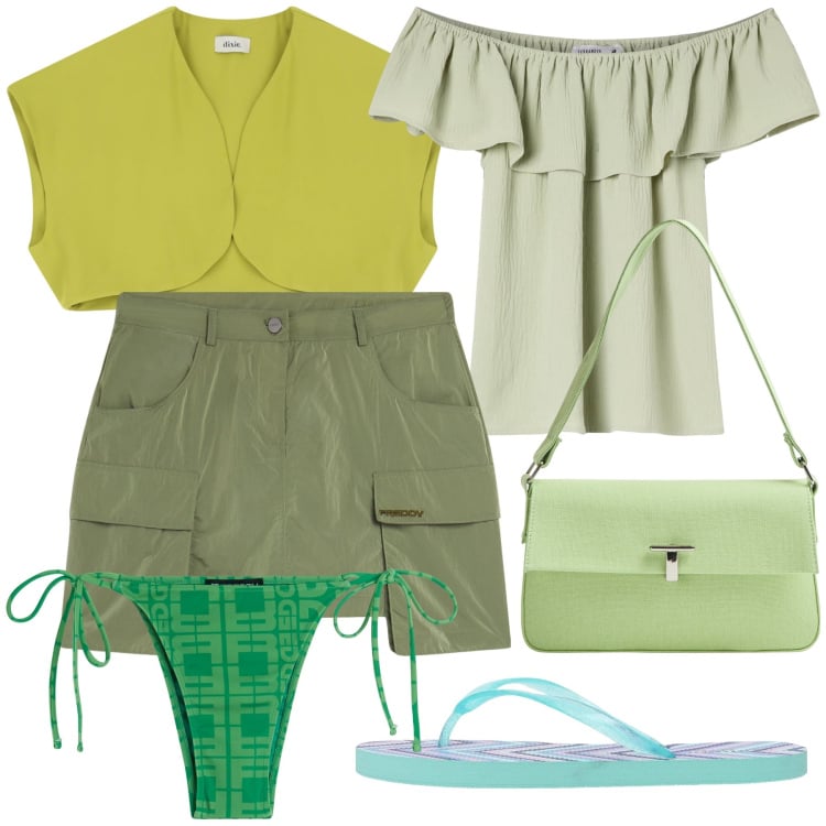 Outfit donna - Green power on the beach. Stile Trendy per Mare. Abbinamento con borse a spalla, bluse, infradito, gilet, minigonne, bikini.