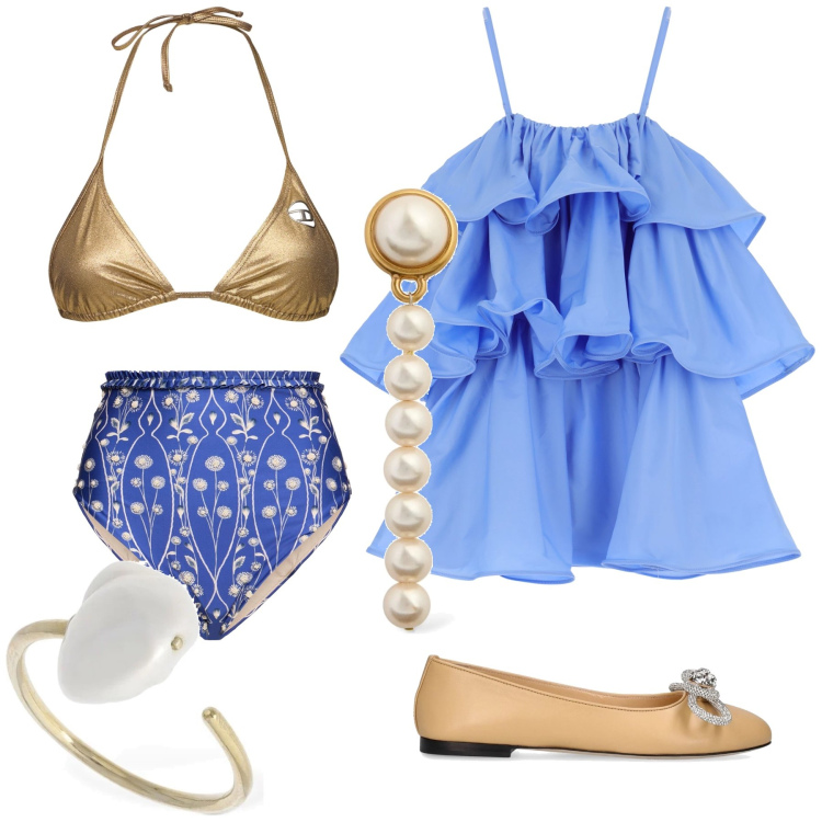 Outfit donna - Romanticissimo mare. Stile Romantica per Mare. Abbinamento con vestiti corti, anelli, ballerine, orecchini, bikini, bikini.