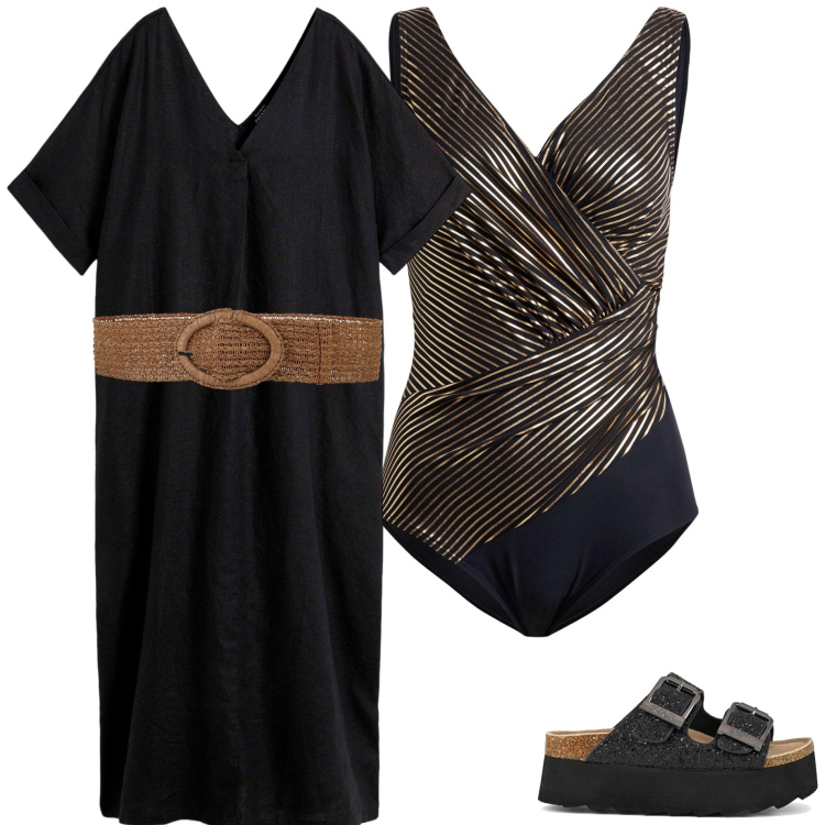 Outfit donna - Curvy in spiaggia. Stile Casual per Mare. Abbinamento con caftani, costumi interi, cinture, sandali.