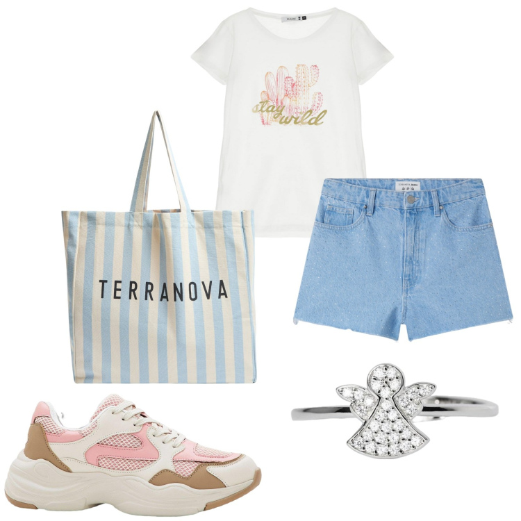 Outfit donna - Total look #2204211. Stile Casual per Mare. Abbinamento con sneakers, shorts, borse tote, anelli, t-shirt.