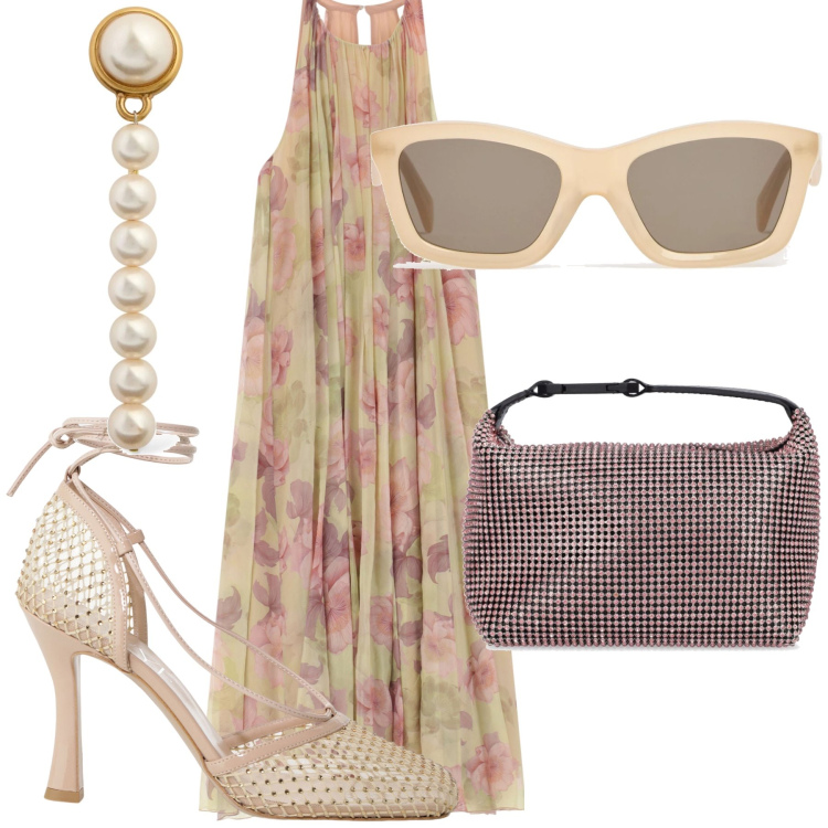 Outfit donna - Che sconti alla cerimonia. Stile Chic per Cerimonia. Abbinamento con vestiti lunghi, décolleté, occhiali da sole, borse a mano, orecchini.