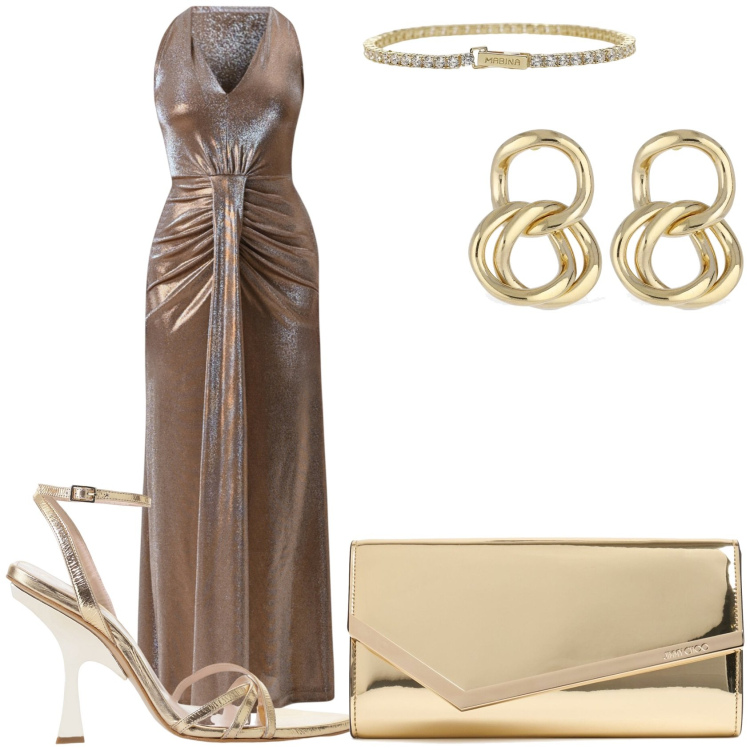 Outfit donna - Serata di agosto. Stile Chic per Serata fuori. Abbinamento con braccialetti, vestiti lunghi, sandali col tacco, pochette, orecchini.
