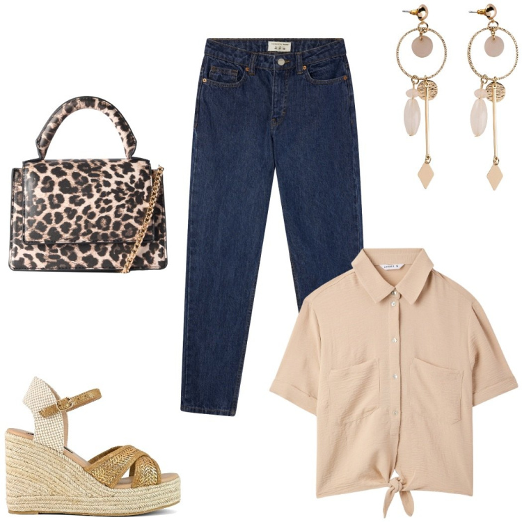 Outfit donna - Denim blu. Stile Minimal per Tutti i giorni. Abbinamento con orecchini, jeans mom, camicie a manica corta, borse a tracolla, zeppe.