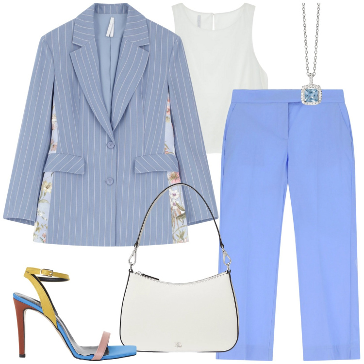 Outfit donna - Discutere la tesi. Stile Casual chic per Scuola/Università. Abbinamento con collane, blazer, pantaloni, top, sandali col tacco, borse a spalla.