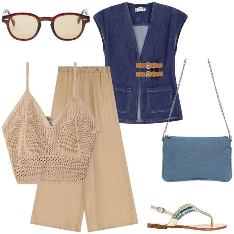 Outfit donna - Gilet con fibie. Stile Trendy per Tutti i giorni. Abbinamento con ciabatte, top, borse a tracolla, gilet, occhiali da sole, pantaloni.
