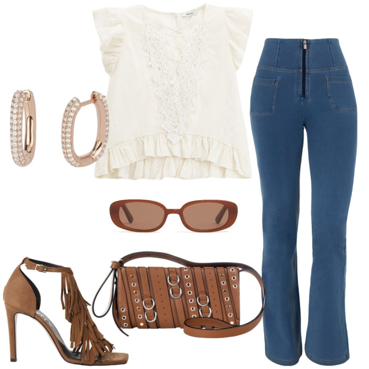 Outfit donna - Aperitivo. Stile Boho per Serata fuori. Abbinamento con orecchini, borse a spalla, jeans, décolleté, top, occhiali da sole.