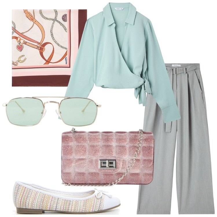 Outfit donna - Luglio al lavoro/ufficio - @tiffany22. Stile Minimal per Ufficio. Abbinamento con pantaloni, camicie, borse a tracolla, occhiali da sole, foulard, ballerine.