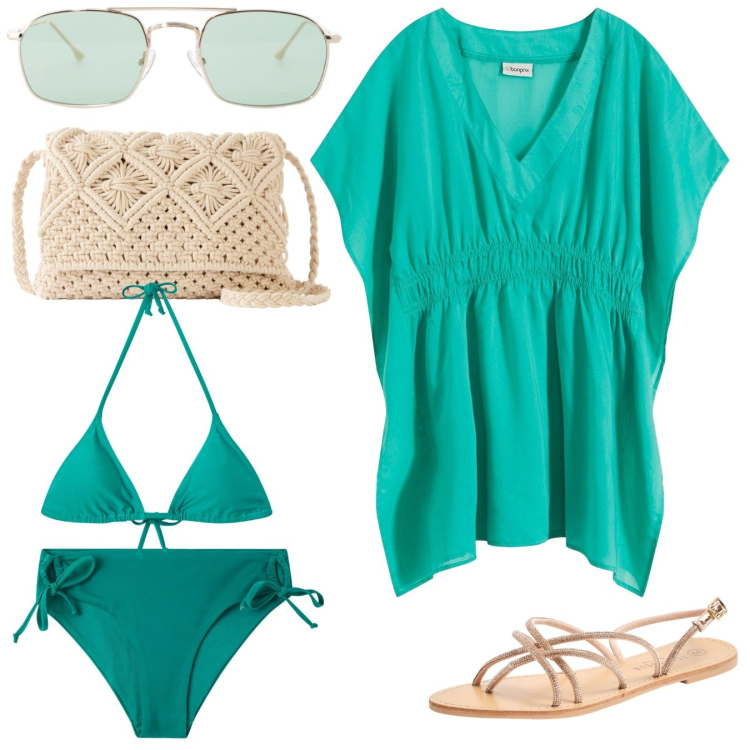 Outfit donna - Verde spiaggia. Stile Casual per Mare. Abbinamento con borse a tracolla, vestiti da spiaggia, sandali, bikini, bikini, occhiali da sole.