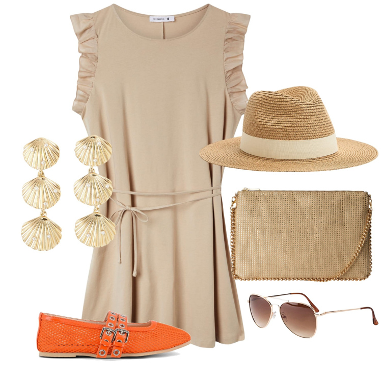 Outfit donna - Outfit monocromatico 4. Stile Trendy per Tutti i giorni. Abbinamento con occhiali da sole, vestiti, cappelli, orecchini, borse a tracolla, ballerine.