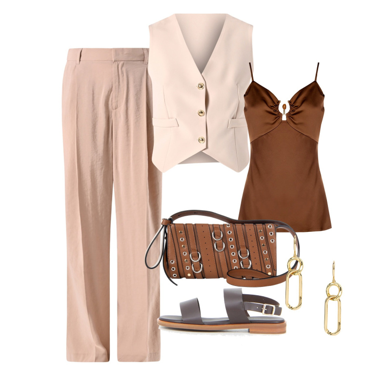 Outfit donna - Rinascimento - Saldi estivi. Stile Chic per Ufficio. Abbinamento con pantaloni a palazzo, gilet, top, borse a spalla, orecchini, sandali.