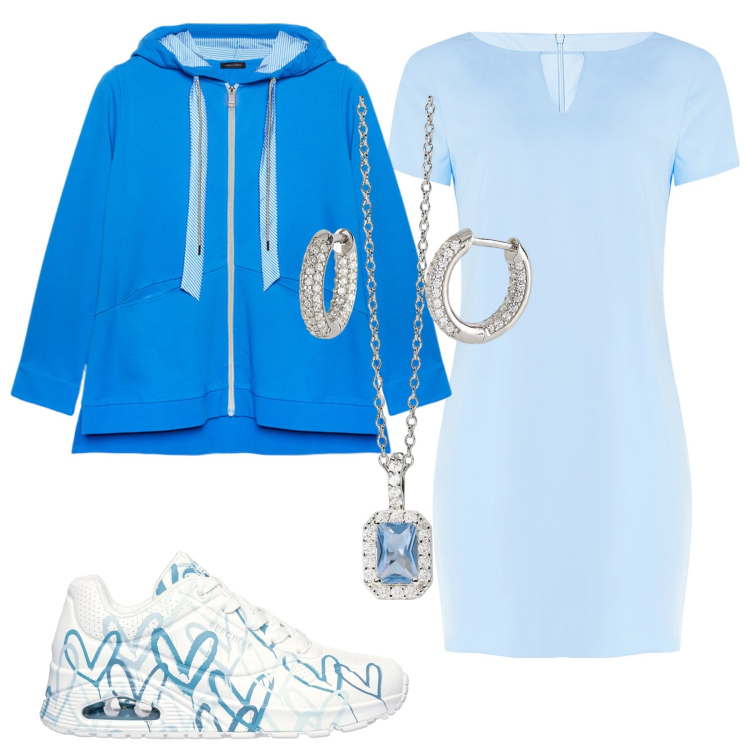 Outfit donna - Celeste sportiva. Stile Sporty chic per Tutti i giorni. Abbinamento con orecchini, ciondoli, vestiti a tubino, felpe con cappuccio, sneakers.