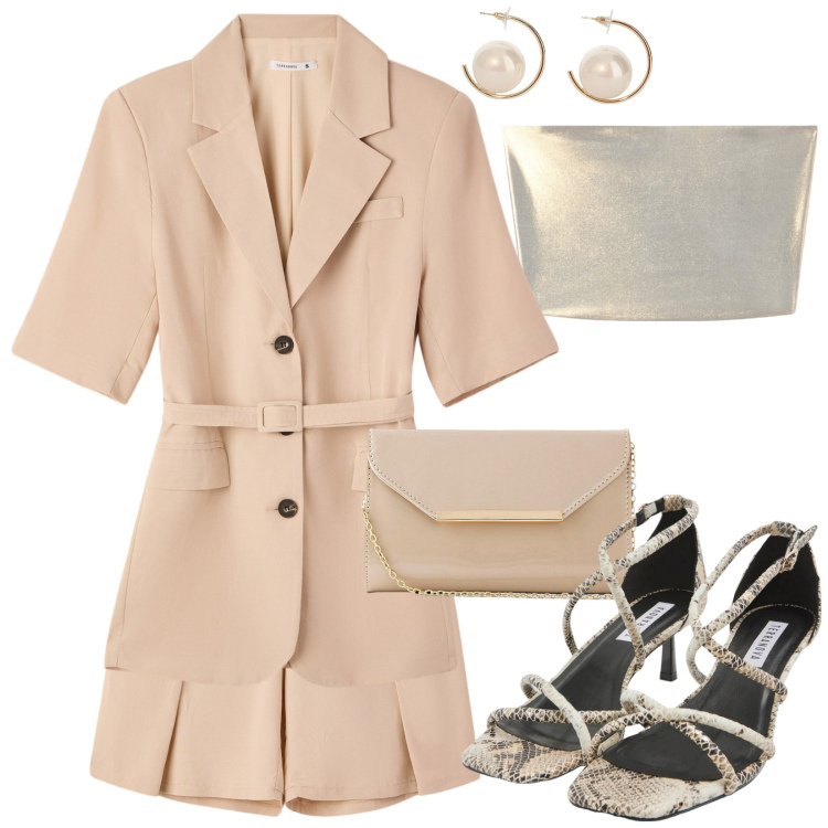 Outfit donna - Terranova in versione sexy chic. Stile Casual chic per Ufficio. Abbinamento con pochette, pantaloni corti, sandali col tacco, blazer, top, orecchini.