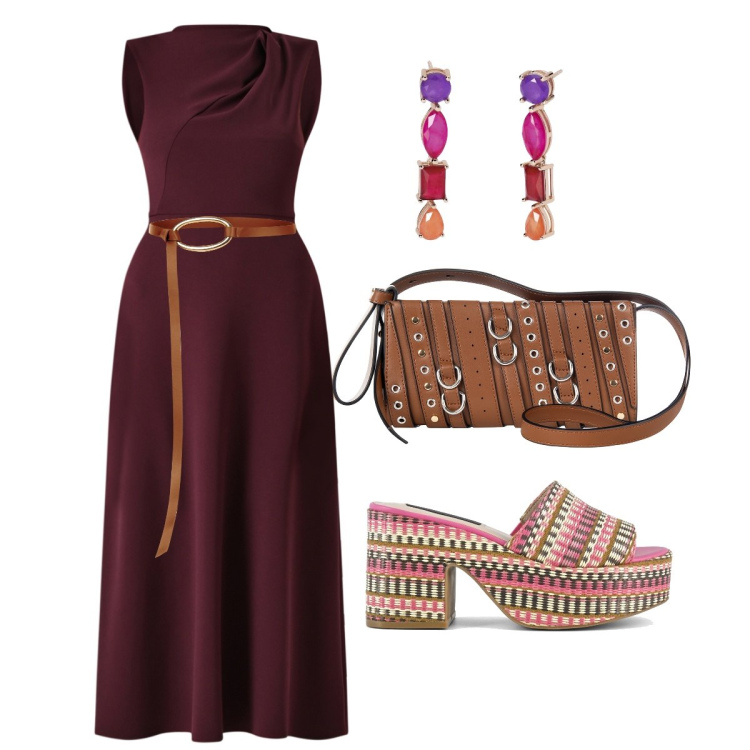 Outfit donna - Abito e comfort. Stile Casual chic per Tutti i giorni. Abbinamento con orecchini, vestiti midi/longuette, borse a spalla, cinture, zeppe.