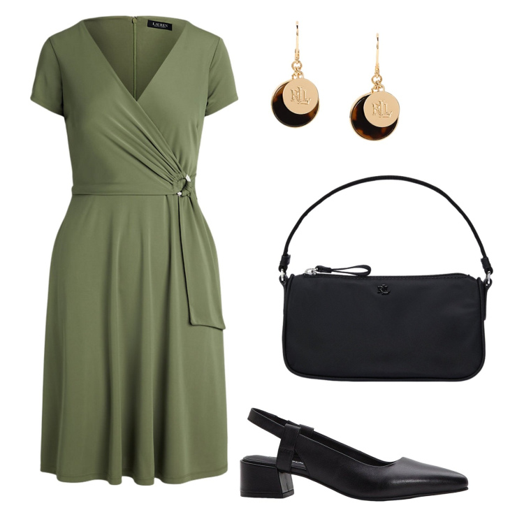 Outfit donna - Fresca al lavoro. Stile Casual chic per Ufficio. Abbinamento con décolleté, orecchini, pochette, vestiti midi/longuette.