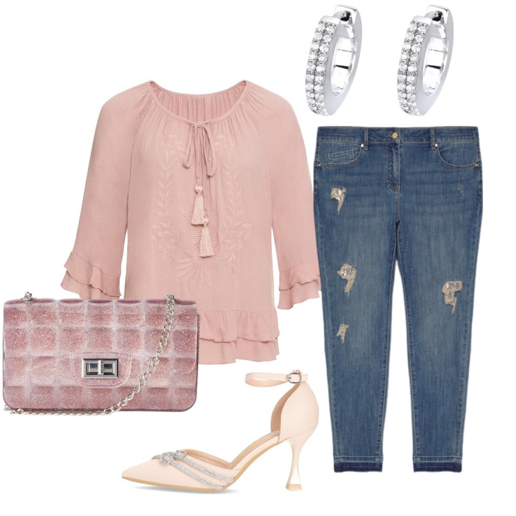 Outfit donna - In città. Stile Casual chic per Tutti i giorni. Abbinamento con tuniche, borse a tracolla, orecchini, jeans strappati, décolleté.