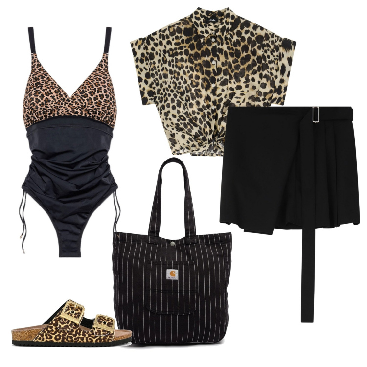 Outfit donna - Animal inside. Stile Casual per Mare. Abbinamento con minigonne, camicie a manica corta, costumi interi, sandali in pelle, borse tote.