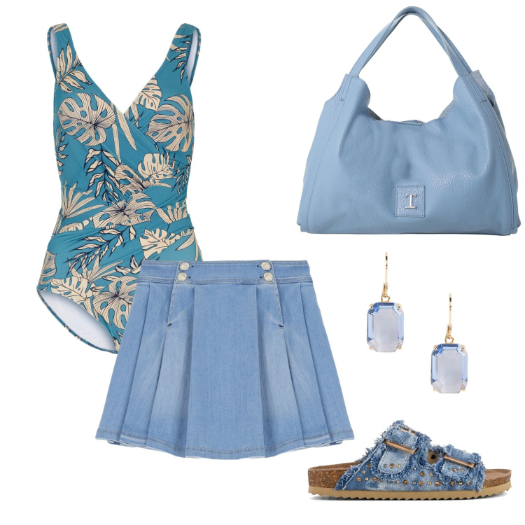 Outfit donna - Total look #2204329. Stile Casual per Mare. Abbinamento con costumi interi, minigonne, pochette, orecchini, sandali.