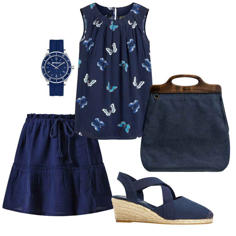Outfit donna - Al centro commerciale. Stile Casual per Tutti i giorni. Abbinamento con top, sandali col tacco, gonne, orologi, borse a tracolla.